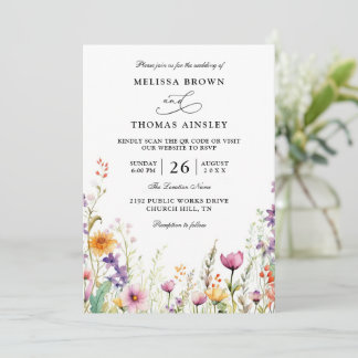 Wildflowers Elegant Modern Budget QR Code Wedding Invitation