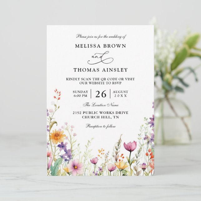 Wildflowers Elegant Modern Budget QR Code Wedding Invitation (Standing Front)