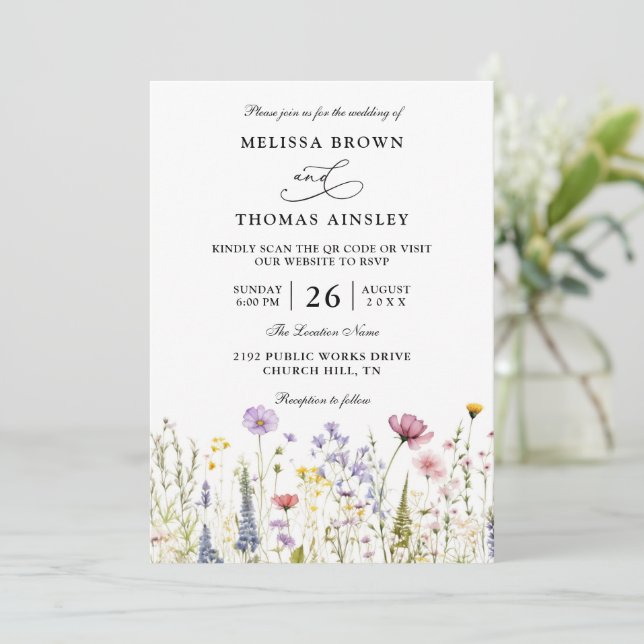 Wildflowers Elegant Modern Budget QR Code Wedding Invitation (Standing Front)