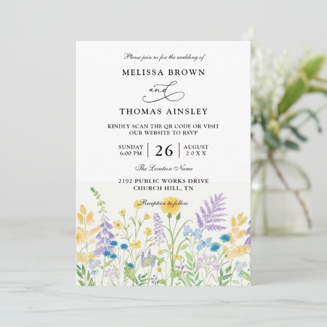 Wildflowers Elegant Modern Budget QR Code Wedding Invitation (Standing Front)