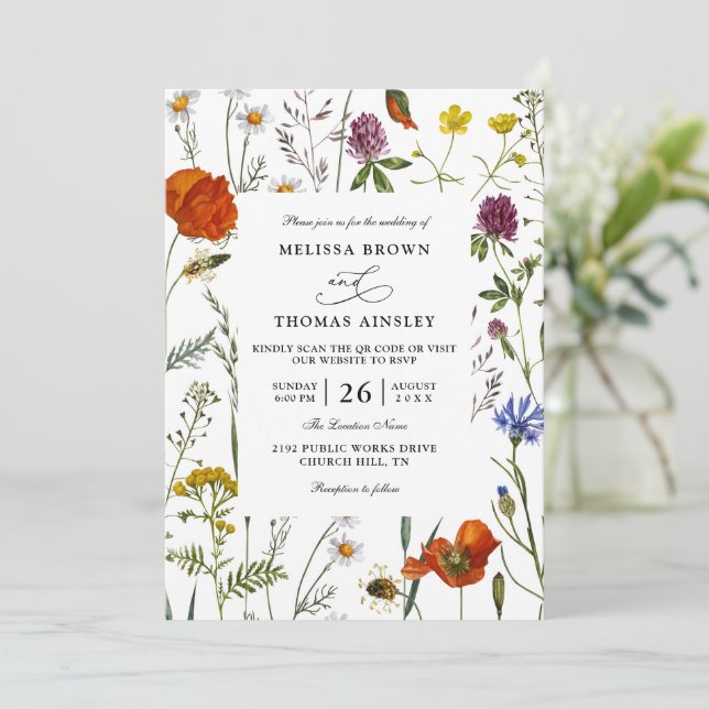 Wildflowers Elegant Modern Budget QR Code Wedding Invitation (Standing Front)