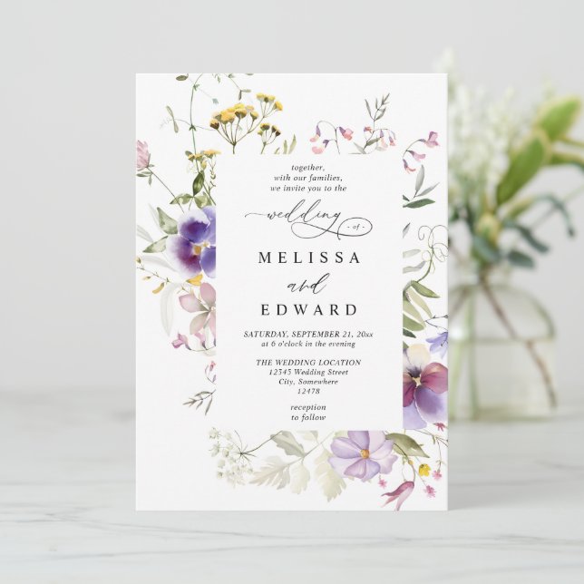 Wildflowers Elegant Modern Budget QR Code Wedding Invitation (Standing Front)