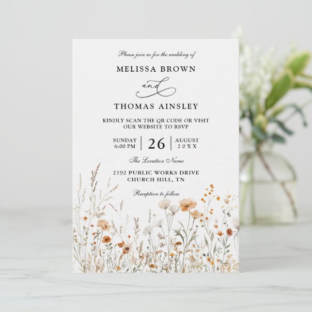 Wildflowers Elegant Modern Budget QR Code Wedding Invitation (Standing Front)