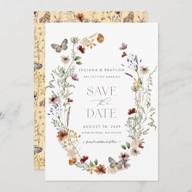 Wildflowers Elegant Watercolor Floral & Butterfy Save The Date (Front/Back)