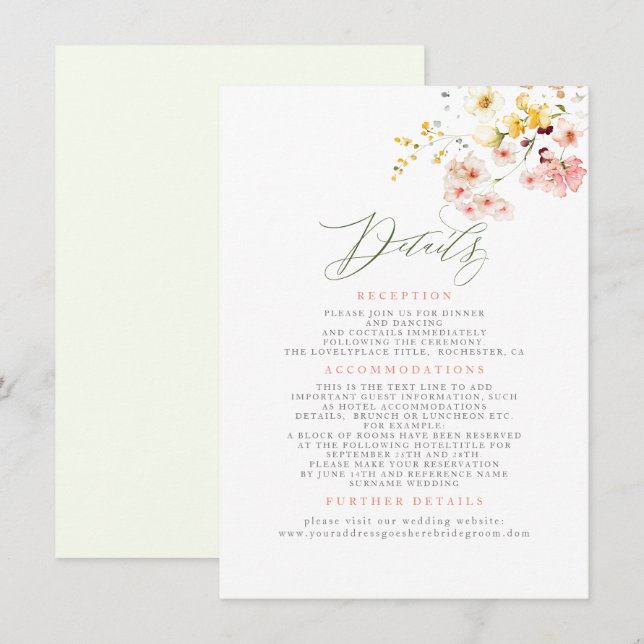 Wildflowers Elegant Wedding Information Enclosure Card (Front/Back)