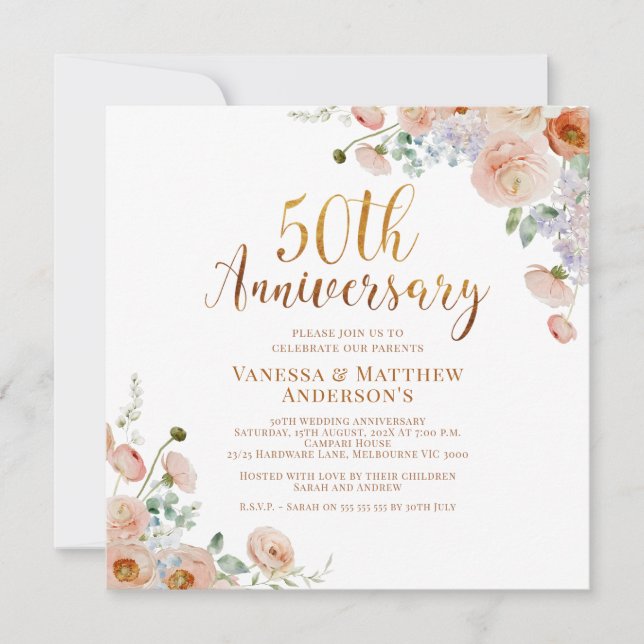 Wildflowers Faux Gold Calligraphy 50th Anniversary Invitation (Front)