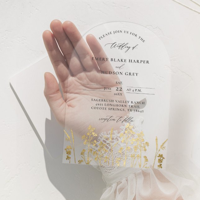 Wildflowers Faux Gold Patina Arch Clear Wedding Acrylic Invitations (clear wedding invitation acrylic boho arch wildflowers sketch gold patina garden modern calligraphy)