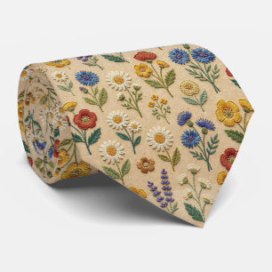 Wildflowers Faux Silk Vintage Embroidery Style Tie