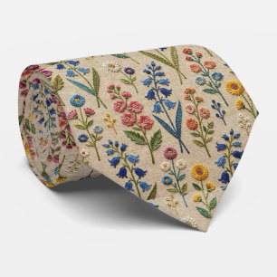 Wildflowers Faux Silk Vintage Embroidery Style Tie