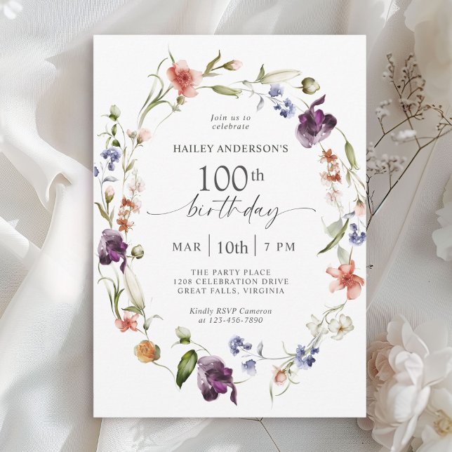 Wildflowers Feminine Floral 100th Birthday Party Invitation (Available in both printed and instant download digital formats.)