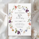 Wildflowers Feminine Floral 50th Birthday Party Invitation<br><div class="desc">Celebrate a 50th birthday in lovely feminine style with this modern floral wildflowers birthday party invitation. A beautiful watercolor painted wreath of mixed wildflowers in hues of pink, purple, peach, blue and white with scattered greenery make this invitation pop with style. Personalise the text template with your party info. This...</div>