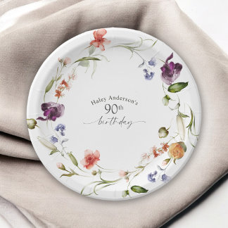 Wildflowers Feminine Floral 90th Birthday Party Paper Plate