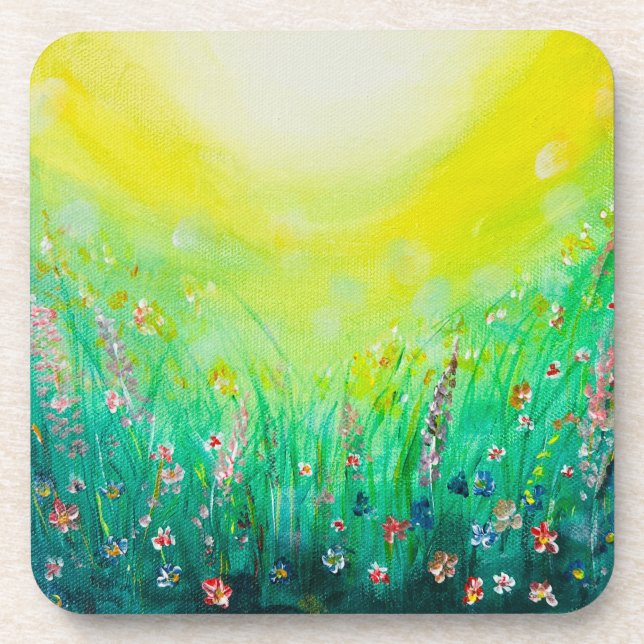 Wildflowers field colourful green yellow coaster (Front)