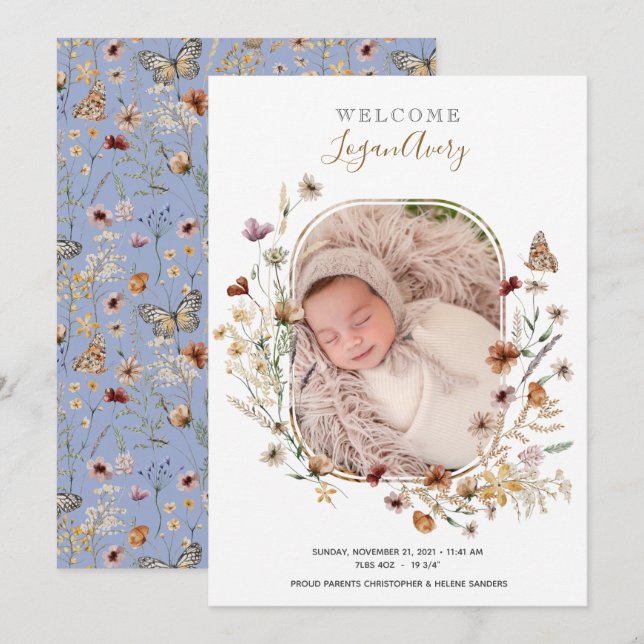 Wildflowers Floral Add Photo New Baby Birth  Annou Announcement (Front/Back)