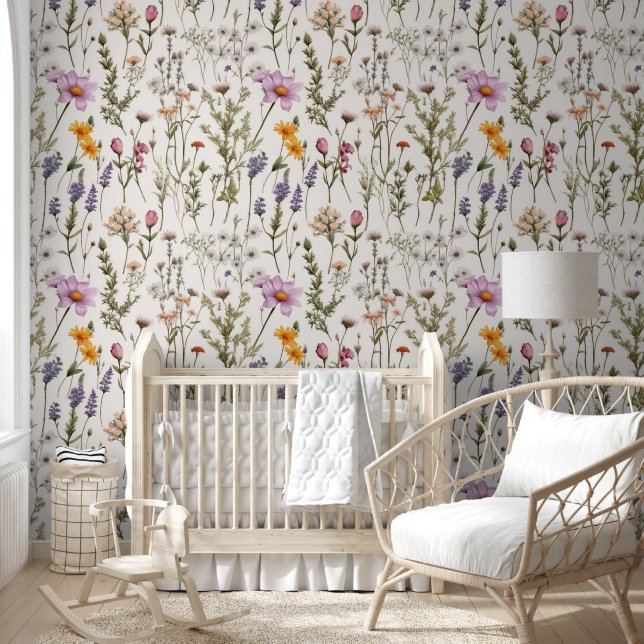 Wildflowers Floral Botanical White Watercolor Wallpaper (Kids)
