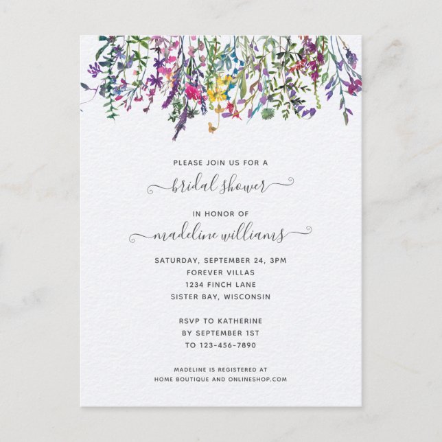Wildflowers Floral Bridal Shower  Invitation Postcard (Front)