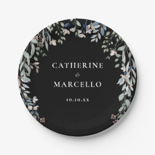 Wildflowers Floral Cascade Black And White Wedding Paper Plate