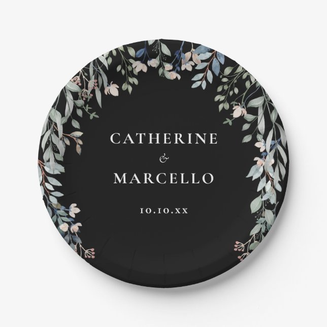 Wildflowers Floral Cascade Black And White Wedding Paper Plate (Front)