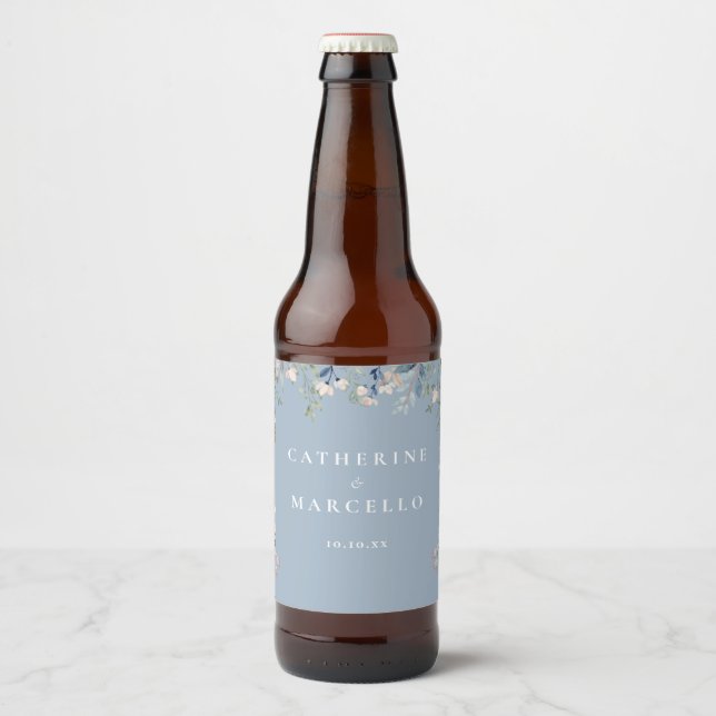 Wildflowers Floral Cascade Dusty Blue Wedding Beer Bottle Label (Front)