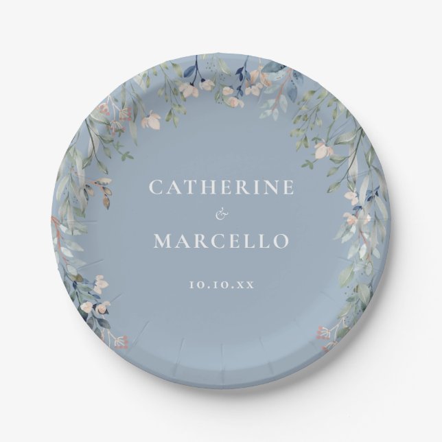 Wildflowers Floral Cascade Dusty Blue Wedding Paper Plate (Front)