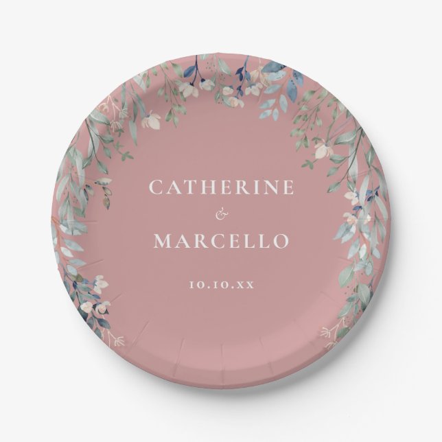 Wildflowers Floral Cascade Dusty Rose Pink Wedding Paper Plate (Front)