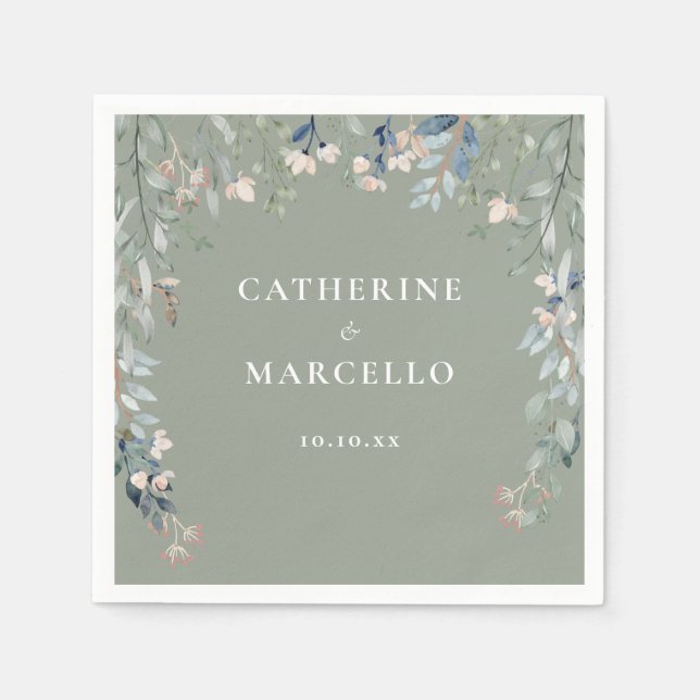 Wildflowers Floral Cascade Sage Green Wedding Napkin (Front)