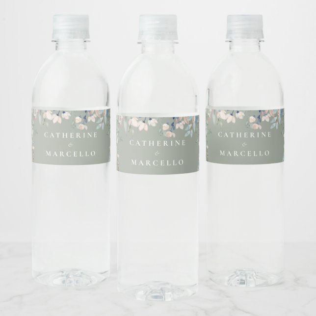 Wildflowers Floral Cascade Sage Green Wedding Water Bottle Label (Bottles)