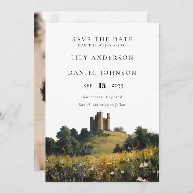 Wildflowers Floral Castle Photo Wedding Save The Date (Front/Back)