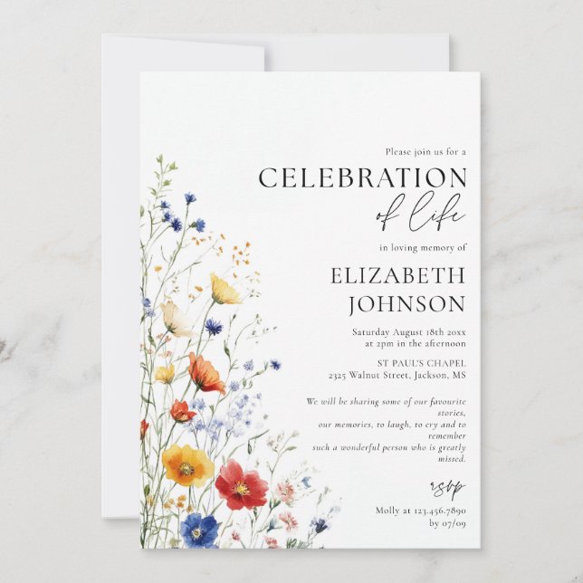 Wildflowers Floral Celebration of Life Funeral Invitation (Front)