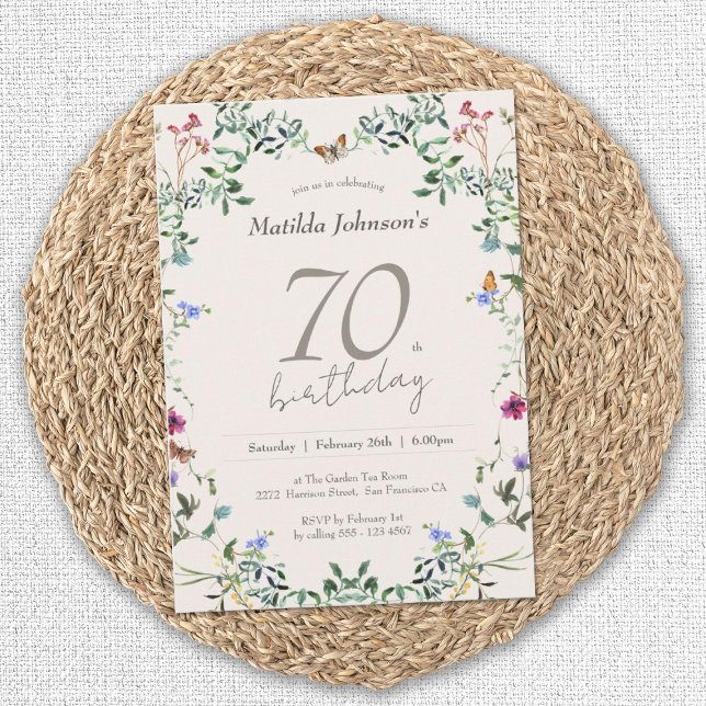 Wildflowers Floral Elegant 70th Birthday Party Invitation (Elegant 70th Birthday Wildflowers Floral Invitation)