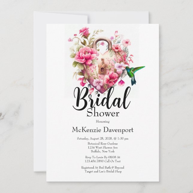  Wildflowers Floral Heart Key Lock Bridal Shower I Invitation (Front)