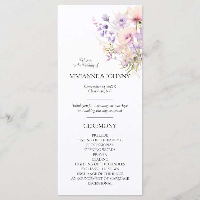 Wildflowers Floral Lavender Purple Violet Ceremony Programme (Front)
