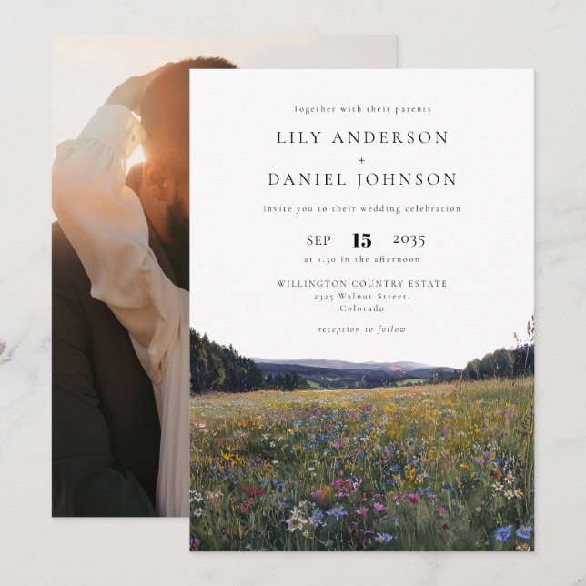 Wildflowers Floral Meadow Photo Wedding Invitation (Front/Back)