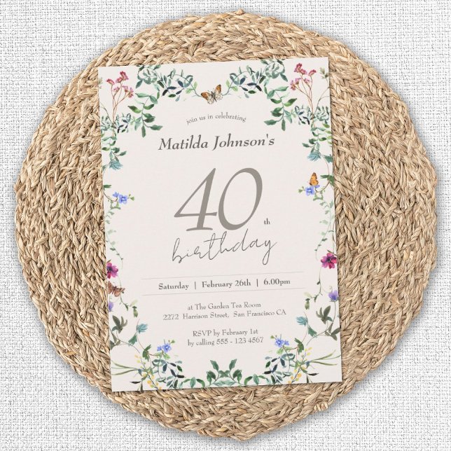 Wildflowers Floral Modern 40th Birthday Party Invitation (Elegant 40th Birthday Wildflowers Floral Invitation)