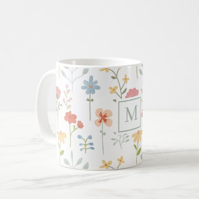 Wildflowers Floral Pattern Monogram Coffee Mug (Front Left)