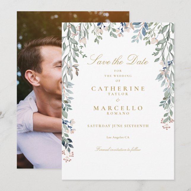 Wildflowers Floral Photo Gold Wedding Save The Date (Front/Back)