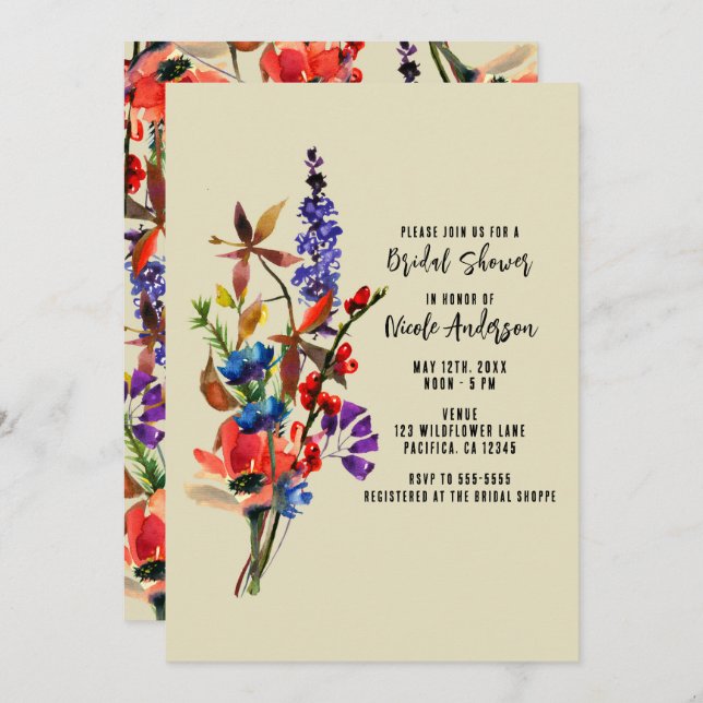 Wildflowers Floral Watercolor Beige Bridal Shower Invitation (Front/Back)