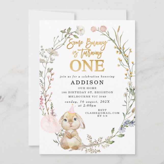 Wildflowers Floral Wreath Some Bunny Birthday Invitation (Front)