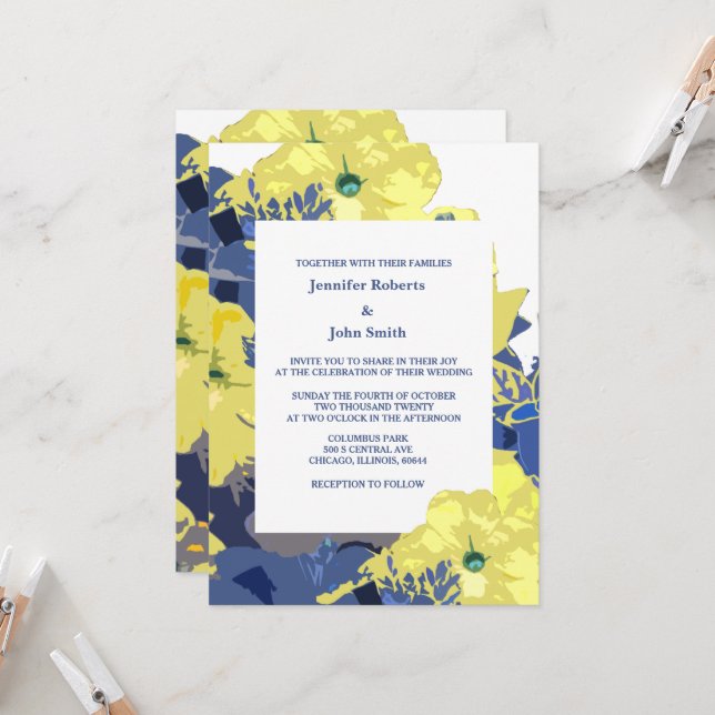Wildflowers Floral Yellow Blue Artsy Wedding 2024 Invitation (Front/Back In Situ)