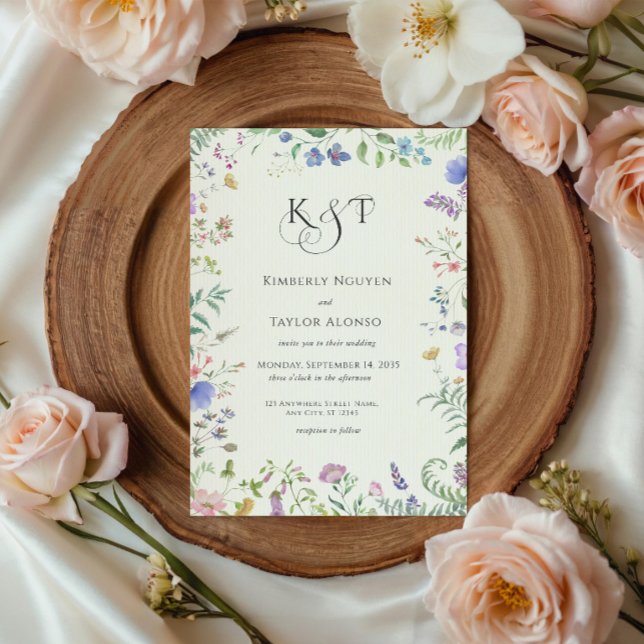 Wildflowers Frame Personalised Wedding Monogram Invitation (Creator Uploaded)