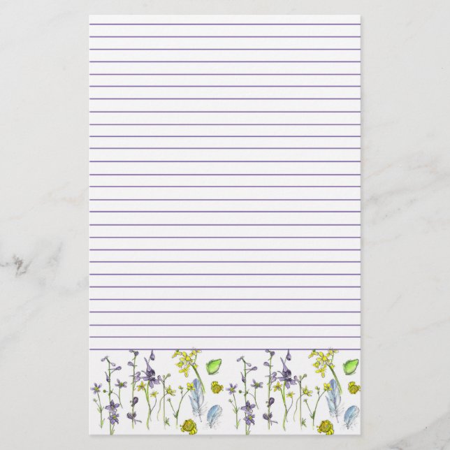 Wildflowers Frog Feathers Nature Lined Stationery (Front)