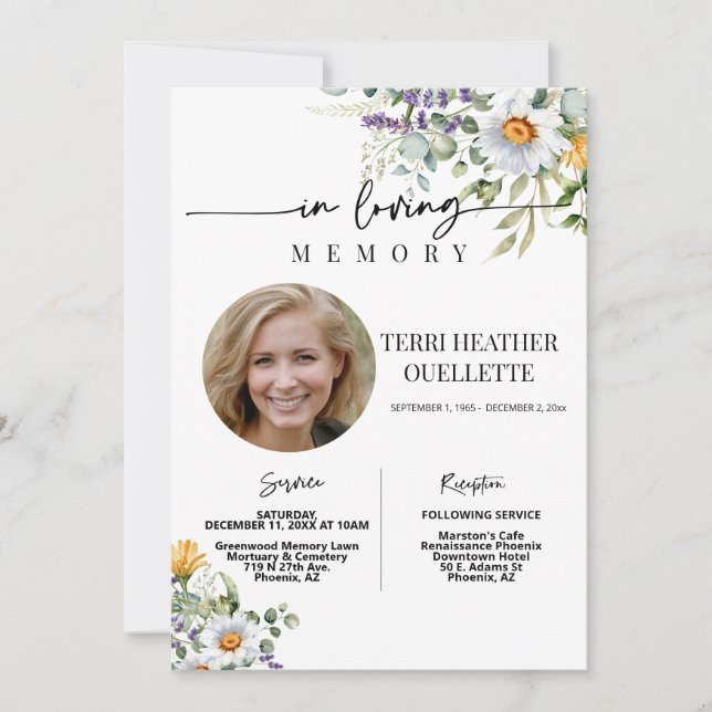 Wildflowers Funeral Memorial Service Photo Invitation (Front)