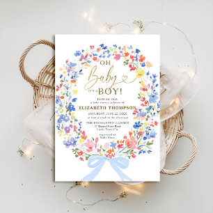 Wildflowers Garden Pink Bow Oh Baby Boy Shower Invitation