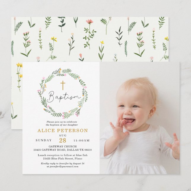 Wildflowers Girl Baptism Celebration Photo Invitation (Front/Back)