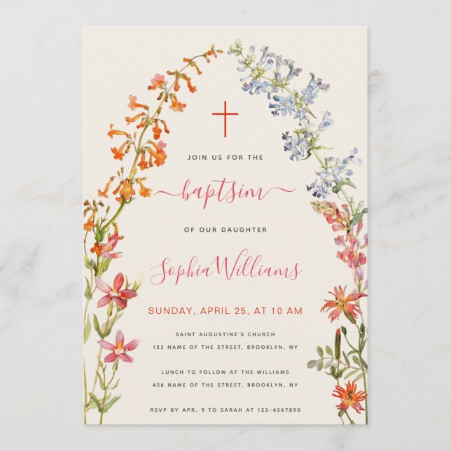 Wildflowers Girl Baptism Floral Watercolor  Invitation (Front)