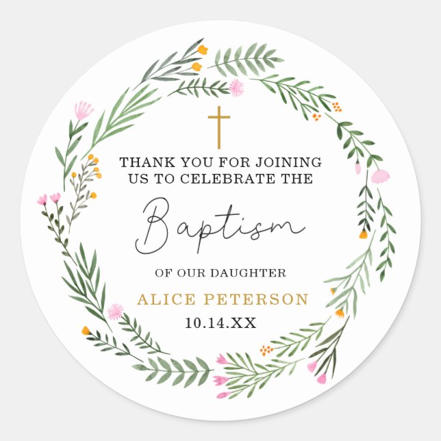 Wildflowers Girl Baptism Thank You Classic Round Sticker (Front)