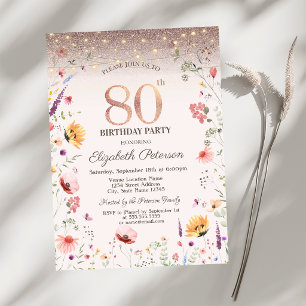 Wildflowers Glitter String Lights 80th Birthday   Invitation