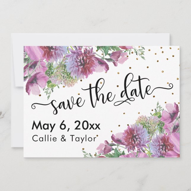 Wildflowers Gold Confetti Typography Save the Date (Front)