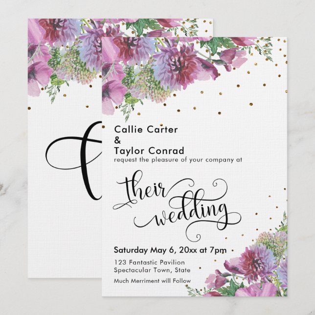 Wildflowers Gold Confetti Typography Wedding Invitation (Front/Back)