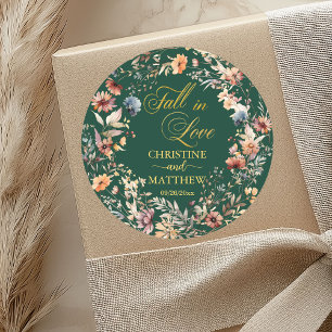 Wildflowers Gold 'Fall in Love' Elegant Wedding Classic Round Sticker